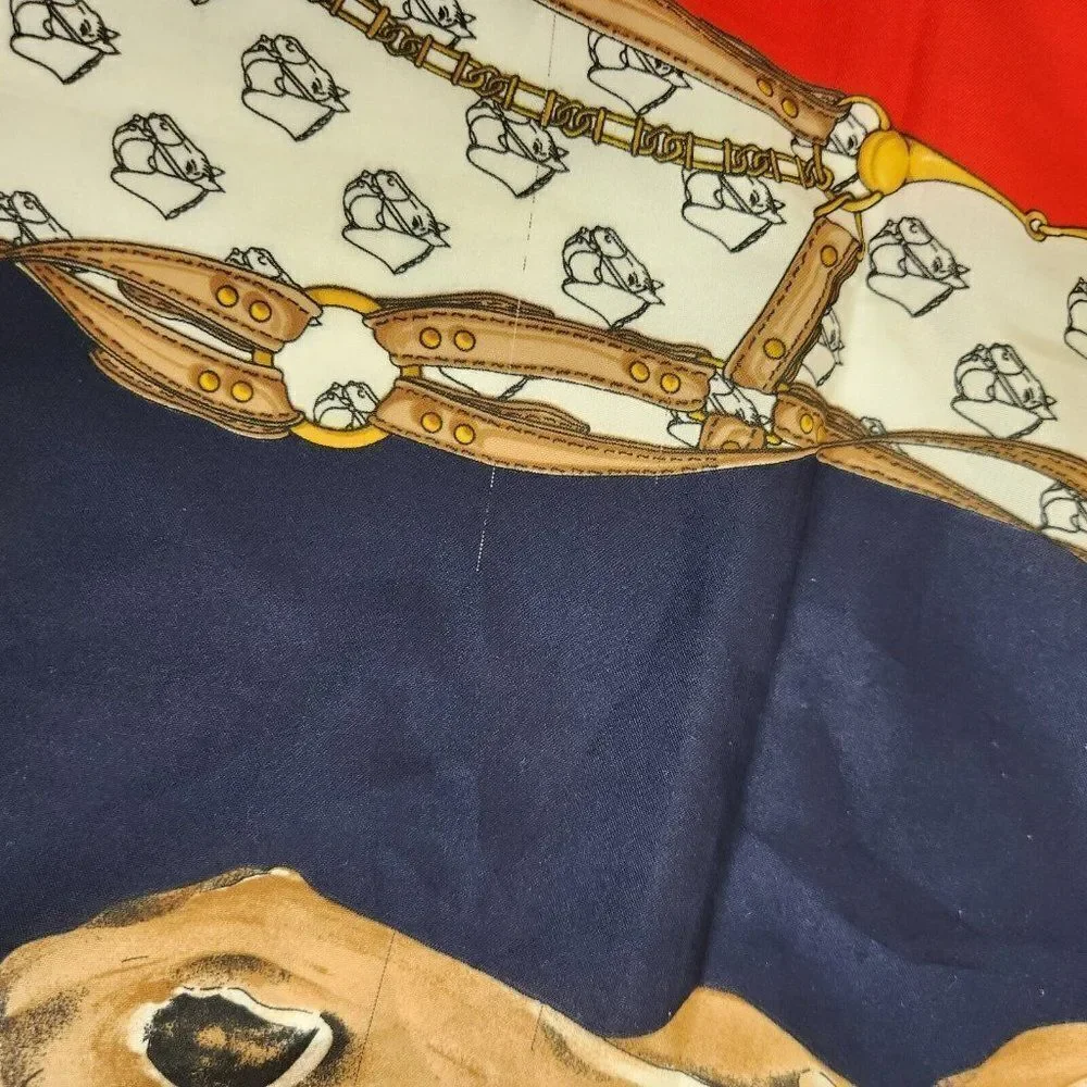 Vintage 70s Leonardi Paris Equestrian Horse Bit Square Scarf Wrap Red Blue 30